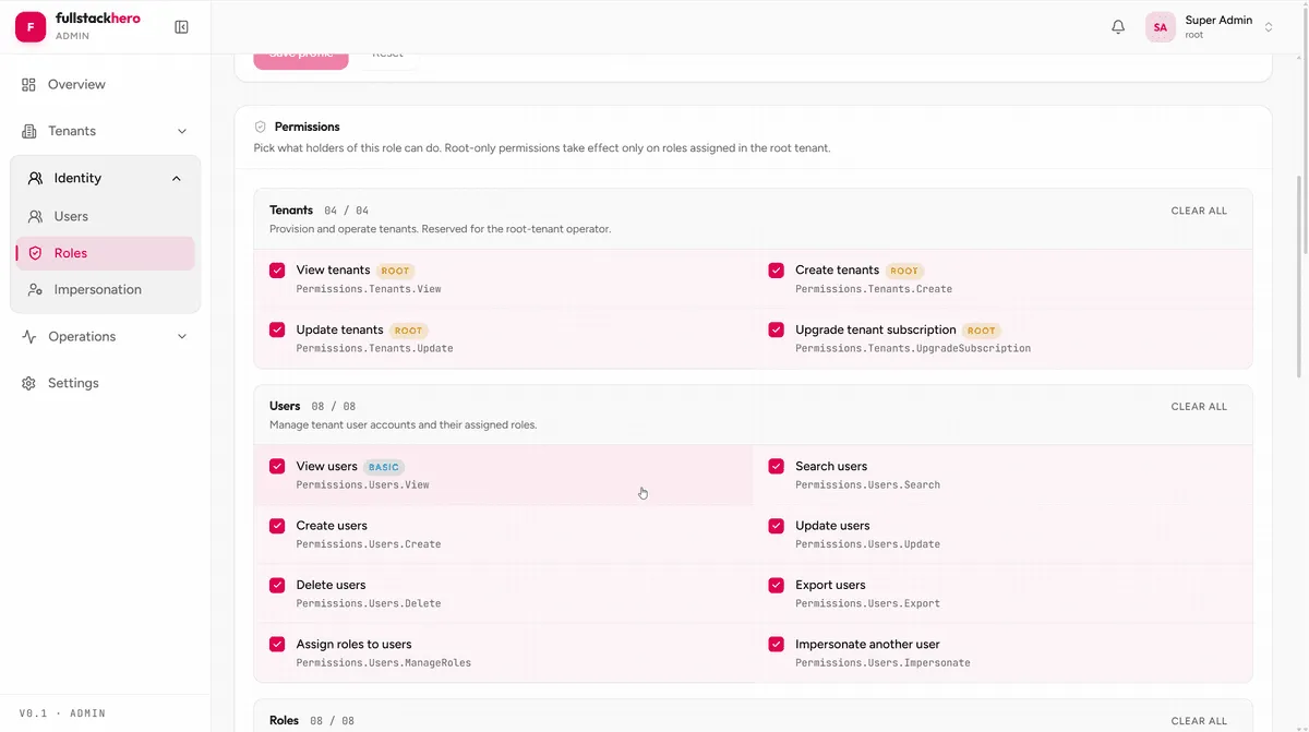 FullStackHero admin console role editor showing the granular permission catalog grouped by module for tenants and users in the React admin app