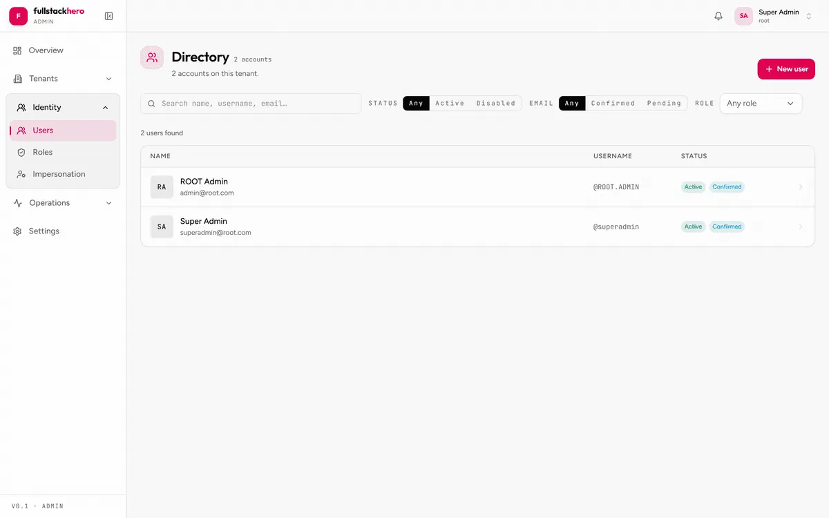 FullStackHero admin console user management list showing tenant users, their roles, and account status in the React admin app