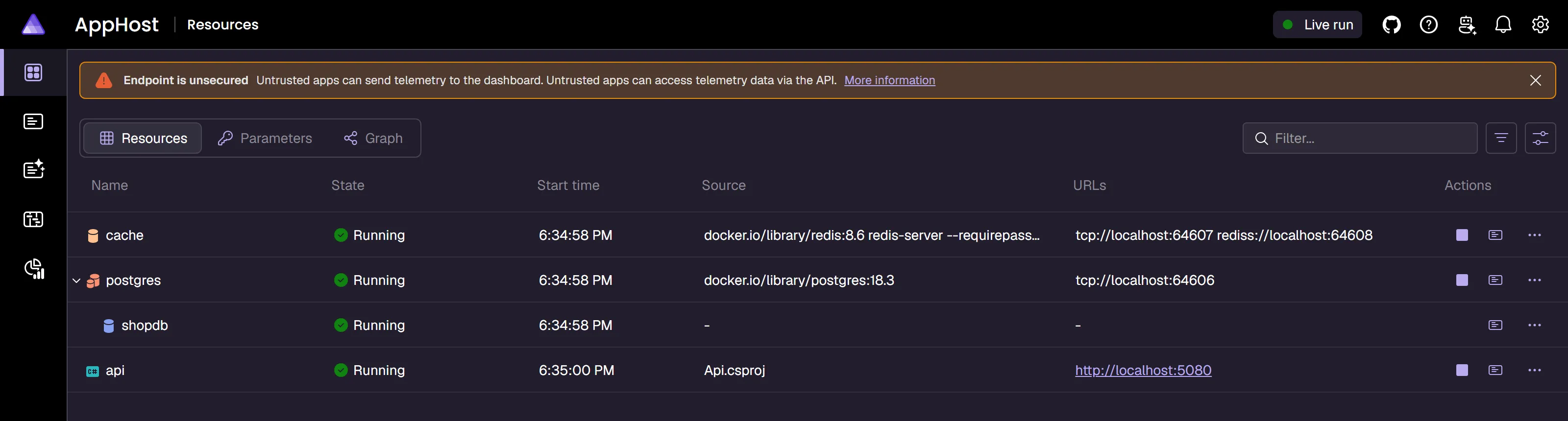 Aspire dashboard resources page showing the Redis cache, the PostgreSQL server, the shopdb database and the API project all in the Running state