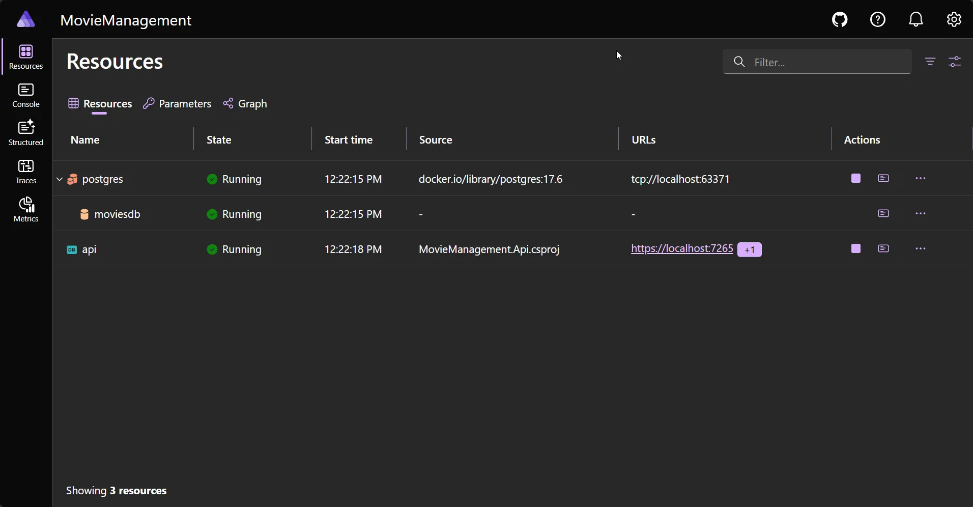 The .NET Aspire dashboard showing the MovieManagement resources - a postgres container, the moviesdb database, and the api project - all in a Running state with their endpoint URLs