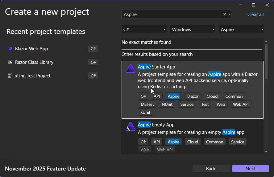 .NET Aspire project template selection in Visual Studio 2026