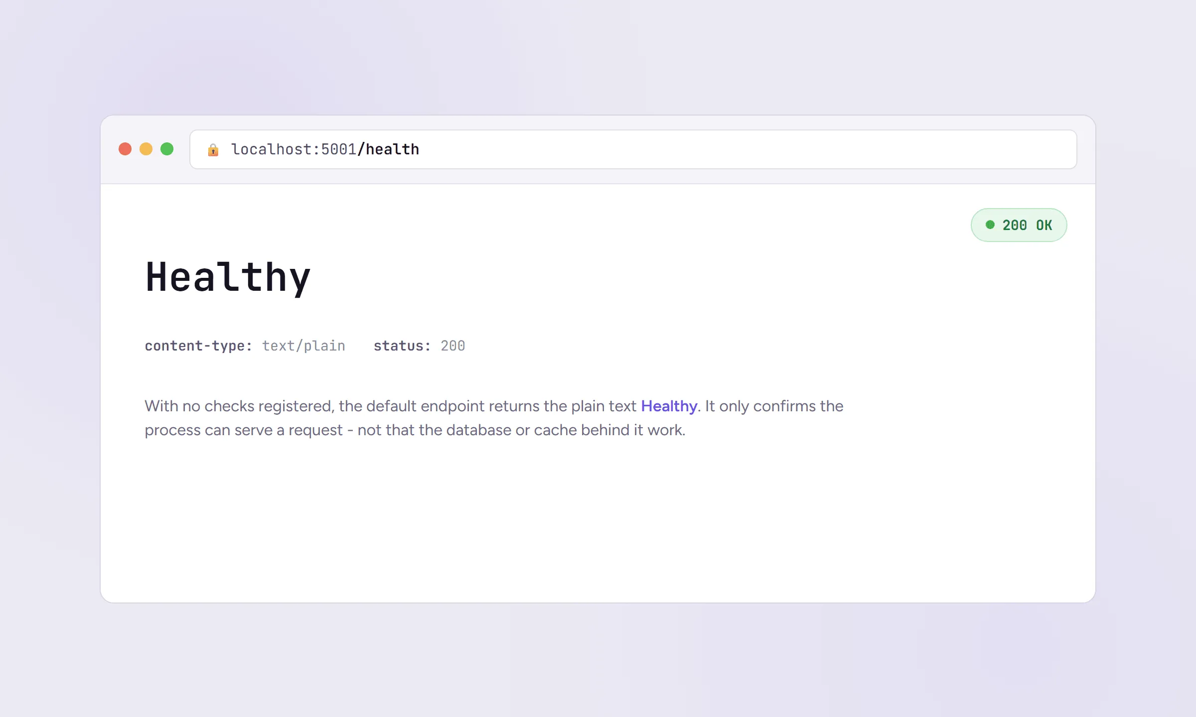 Browser showing the ASP.NET Core health check endpoint returning the plain text status Healthy with a 200 OK response