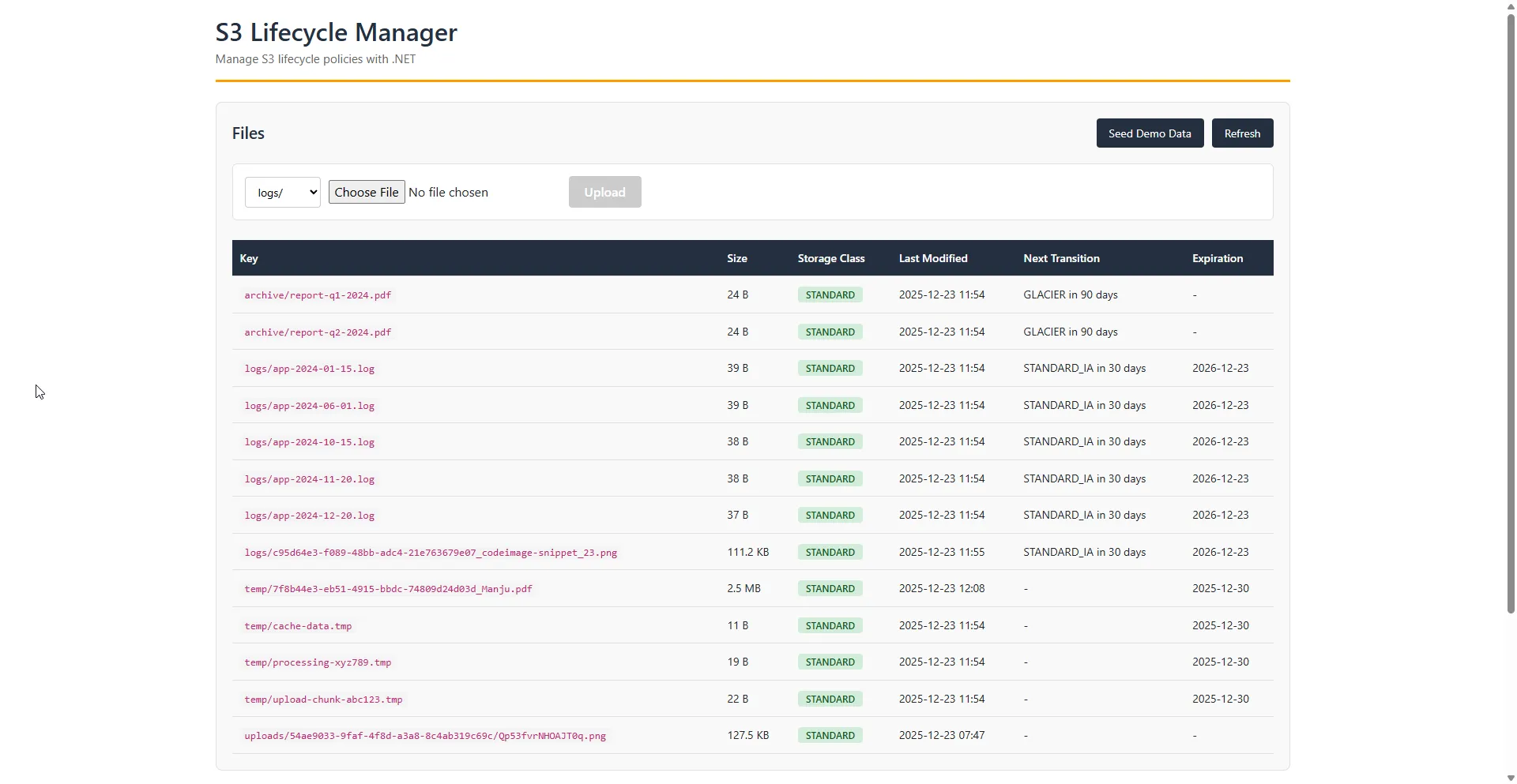 Blazor client showing files with storage class and transition info Blazor File List