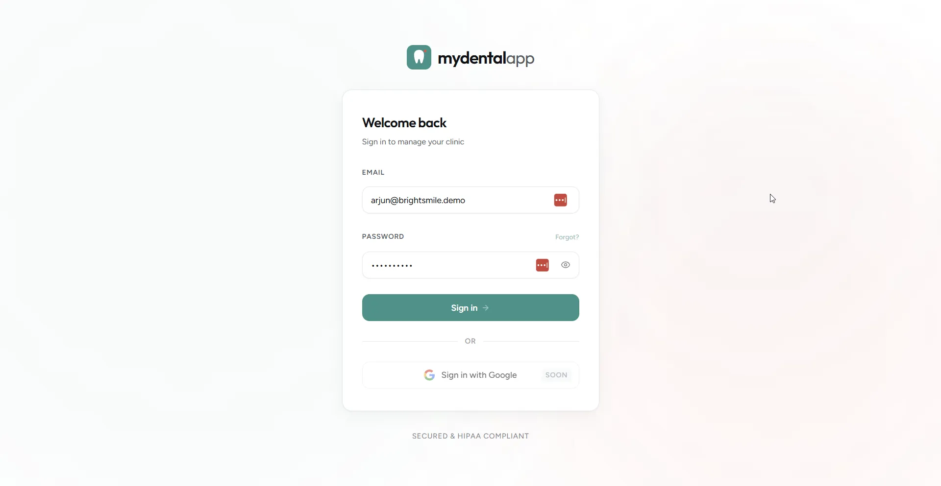 The clinic React app running in production behind app.mydentalapp.com The mydentalapp clinic login page, the React frontend dentists sign in to, with the email and password form and a secured and HIPAA compliant footer