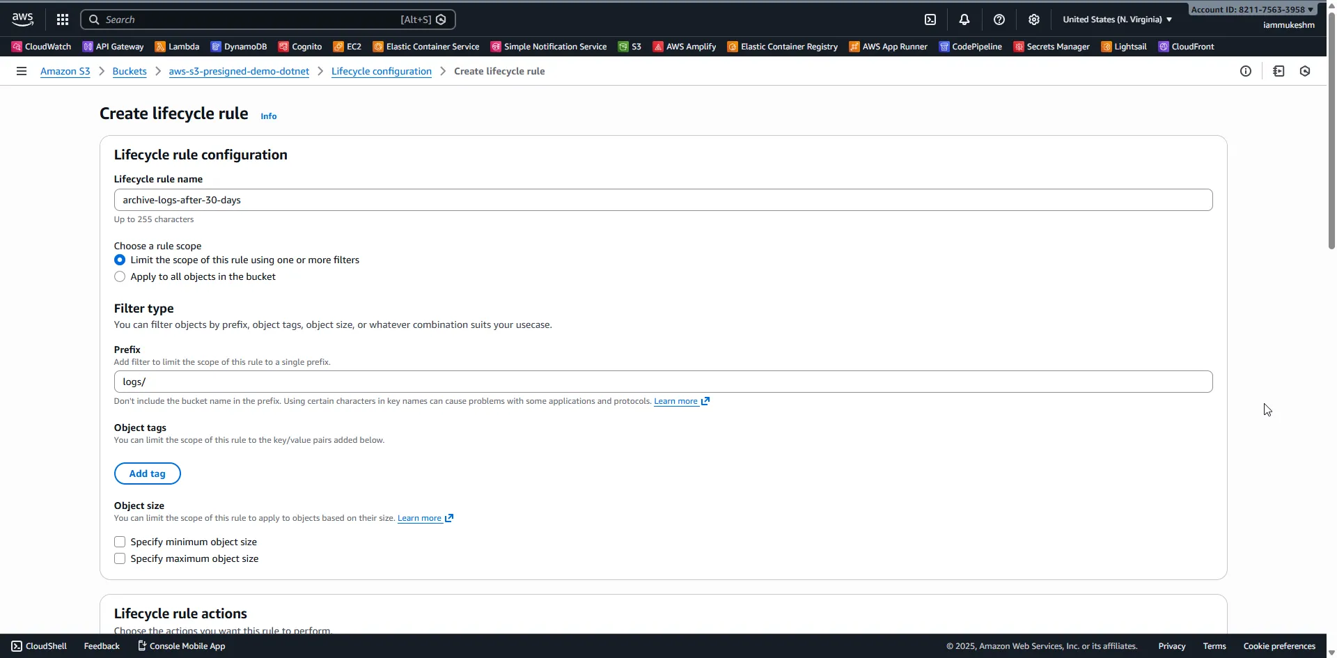 Create lifecycle rule form Create Lifecycle Rule