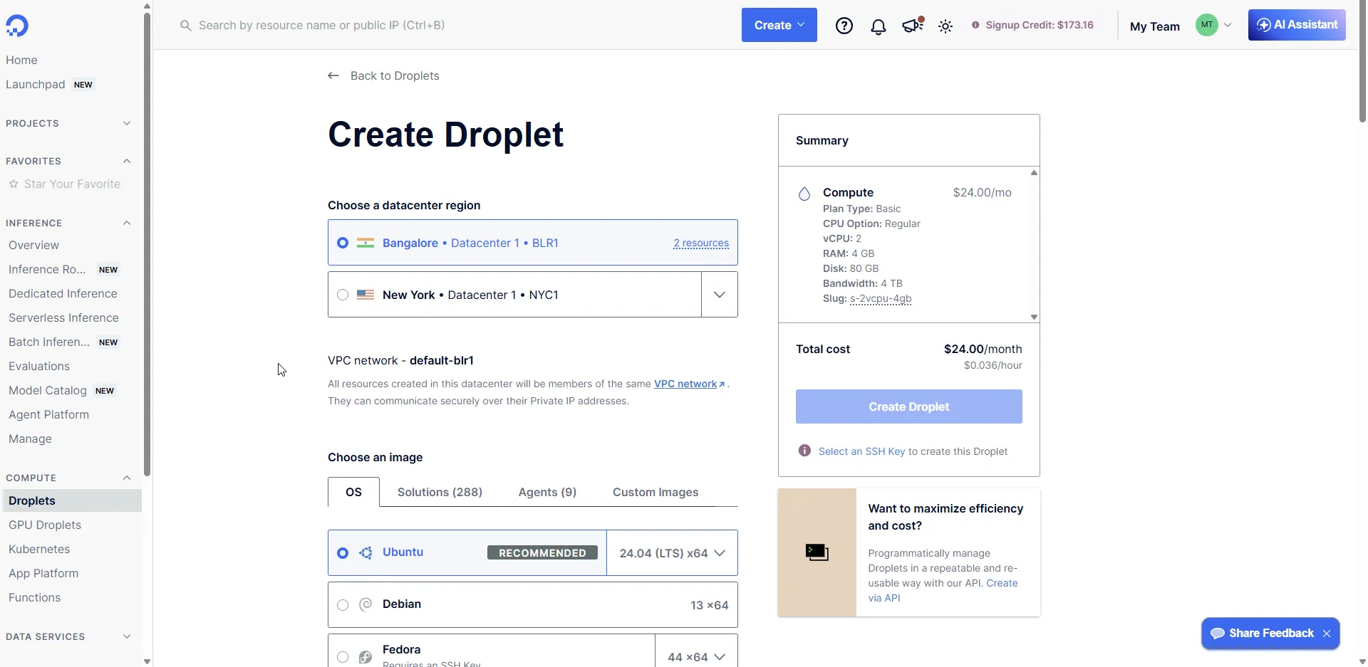 Creating the droplet: Ubuntu 24.04, Bangalore region, 4 GB Basic plan DigitalOcean droplet creation screen with Ubuntu 24.04, Bangalore region, and a 4 GB basic droplet selected