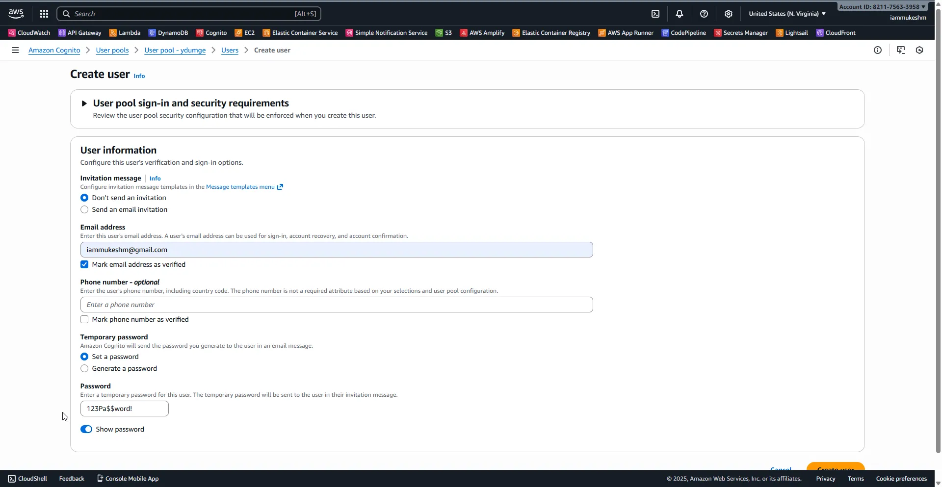 Create test user in Cognito