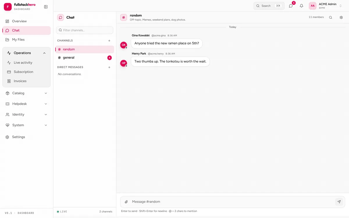 FullStackHero dashboard chat module showing channels, direct messages, and live message delivery over SignalR in the React tenant app