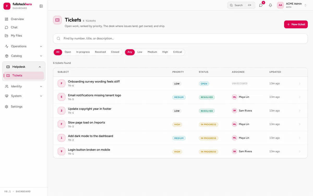 FullStackHero dashboard Tickets module showing a helpdesk ticket list with priority, status, and assignee columns in the React tenant app