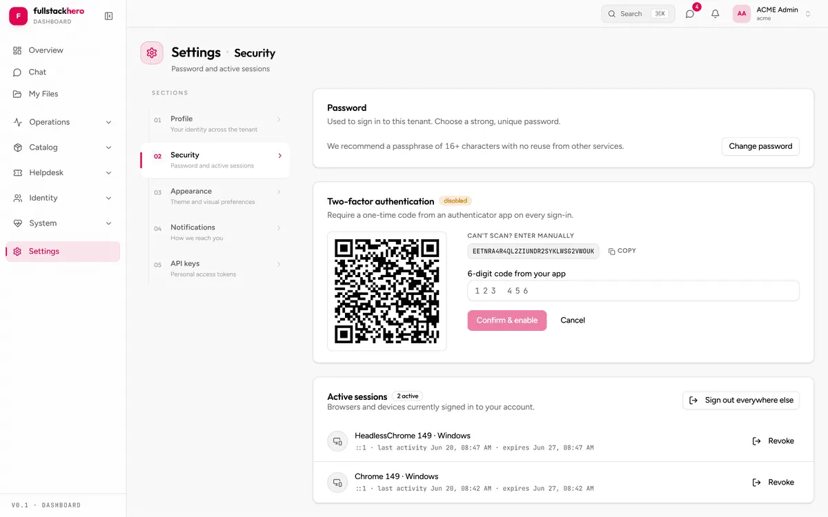 FullStackHero dashboard two-factor authentication setup screen with a QR code and verification step in the React tenant app