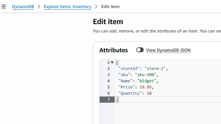 DynamoDB console after PutItem