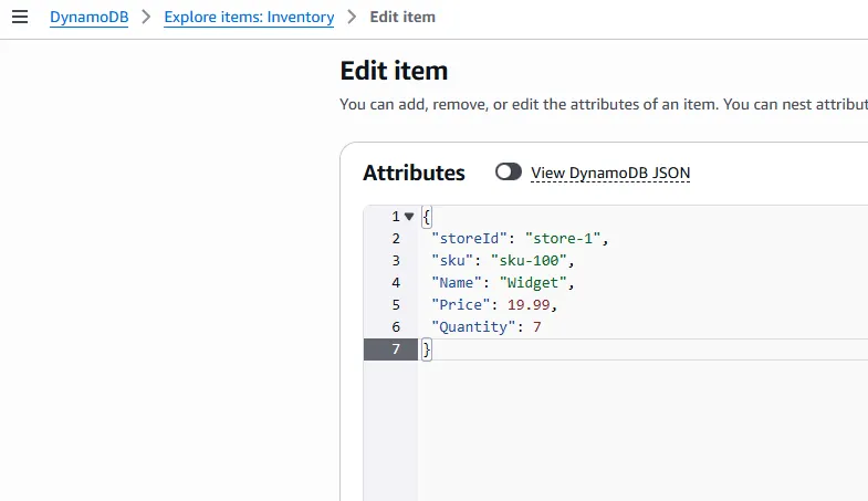 DynamoDB console after UpdateItem