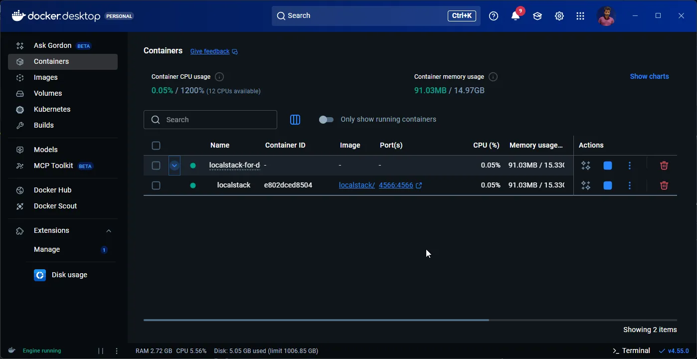 LocalStack container running in Docker Desktop LocalStack container running in Docker Desktop