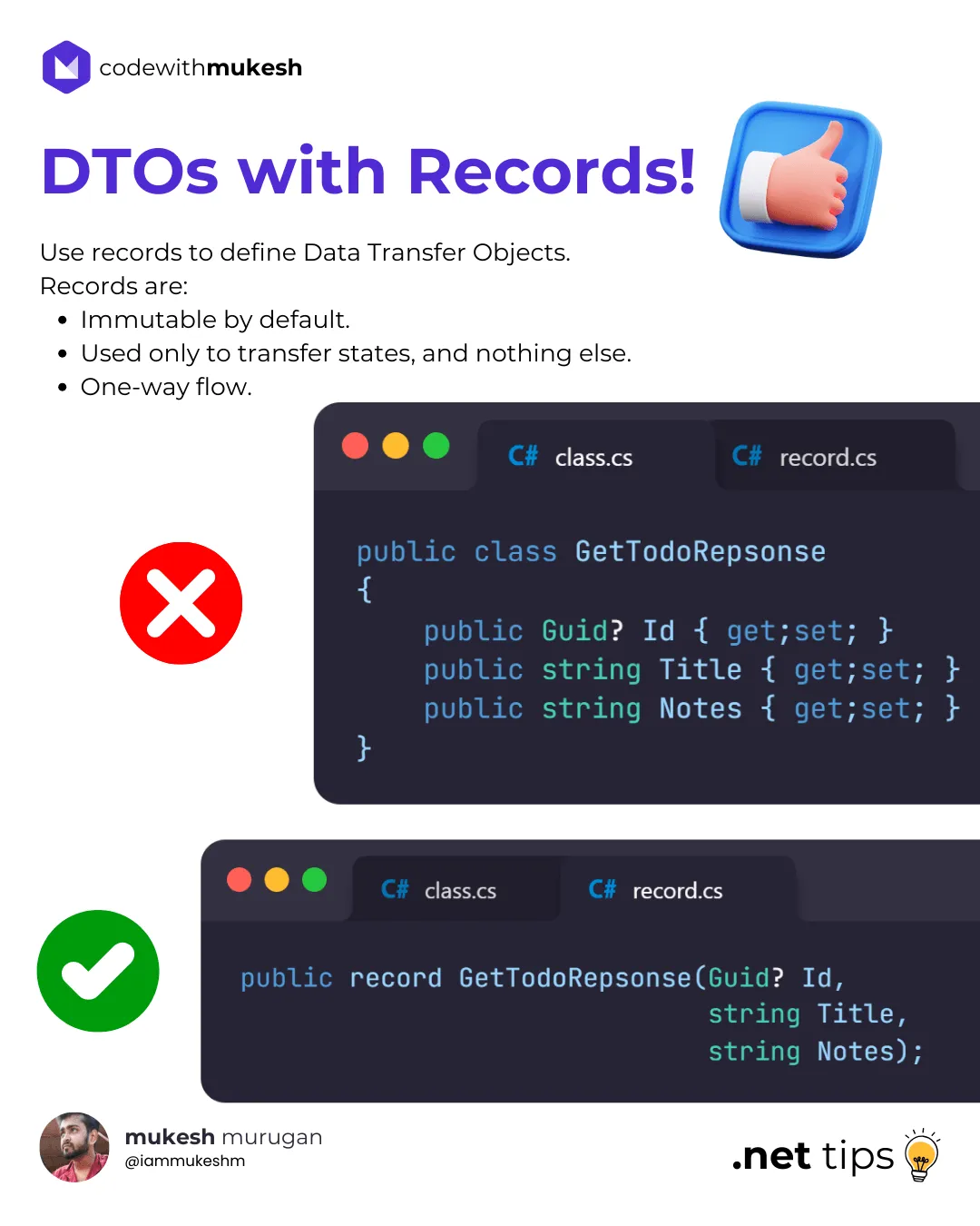 Using Records as DTOs in .NET 10 Visual Studio showing a record type ProductDto defined as an immutable DTO in .NET 10