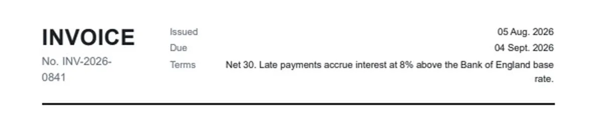 Claude Fable 5.1 invoice masthead where the invoice number wraps onto two lines as INV-2026- and 0841