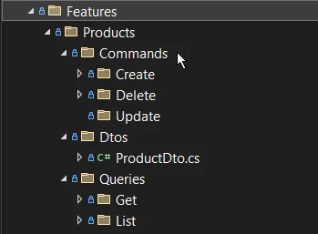 Feature folder structure showing Products organized into Commands, Queries, DTOs, and Notifications subfolders following Vertical Slice Architecture