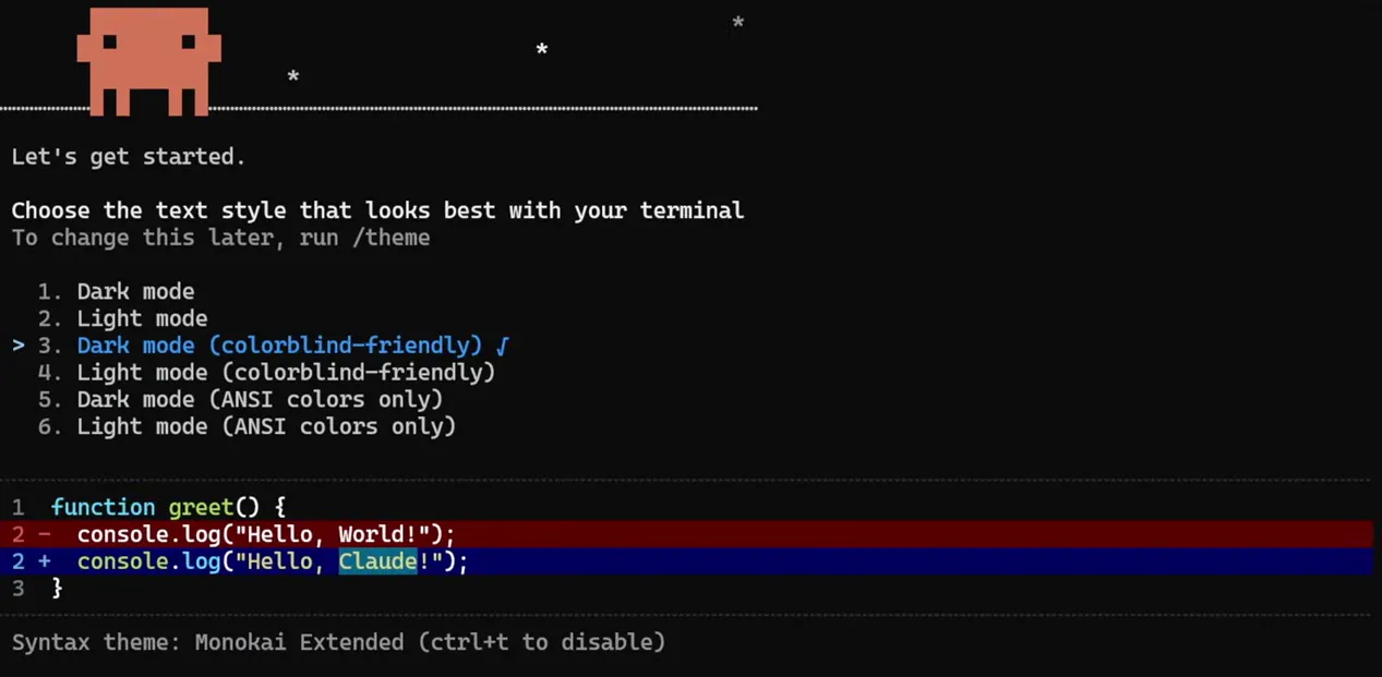 Claude Code initial setup wizard Claude Code first run setup screen showing theme selection and account connection