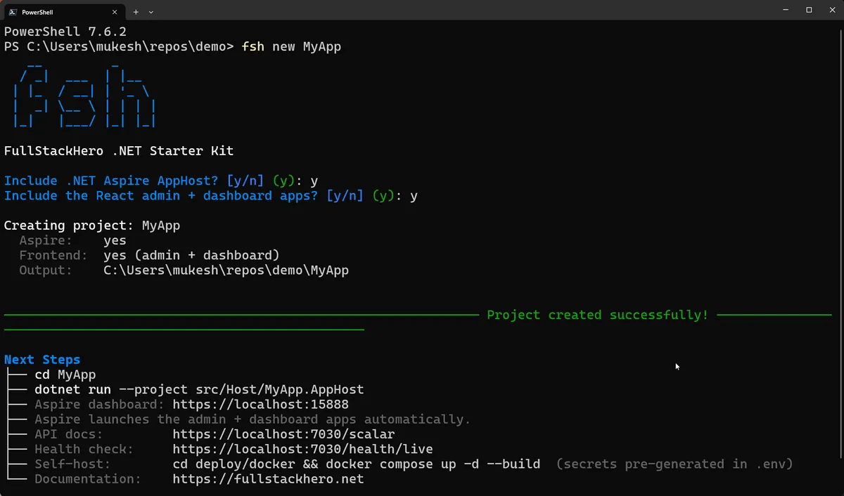 fsh new interactive scaffolding wizard creating a renamed FullStackHero project named MyApp with Aspire and the React admin and dashboard apps in PowerShell