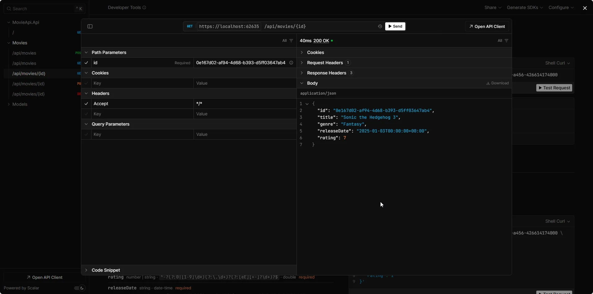 GET /api/movies API response displaying movie data successfully retrieved from PostgreSQL database using Entity Framework Core 10 with seeded movie entity including title genre rating releaseDate timestamps