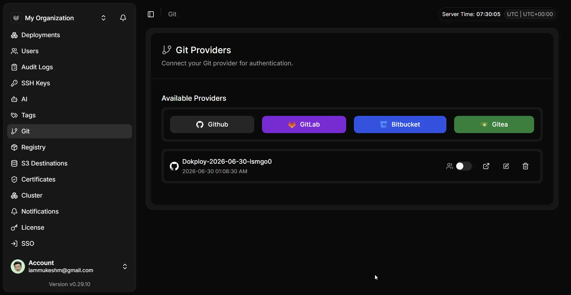 Connecting GitHub as a Git provider in Dokploy's Settings, Git page Dokploy Git Providers settings page showing GitHub, GitLab, Bitbucket, and Gitea as available providers, with a connected GitHub provider listed below