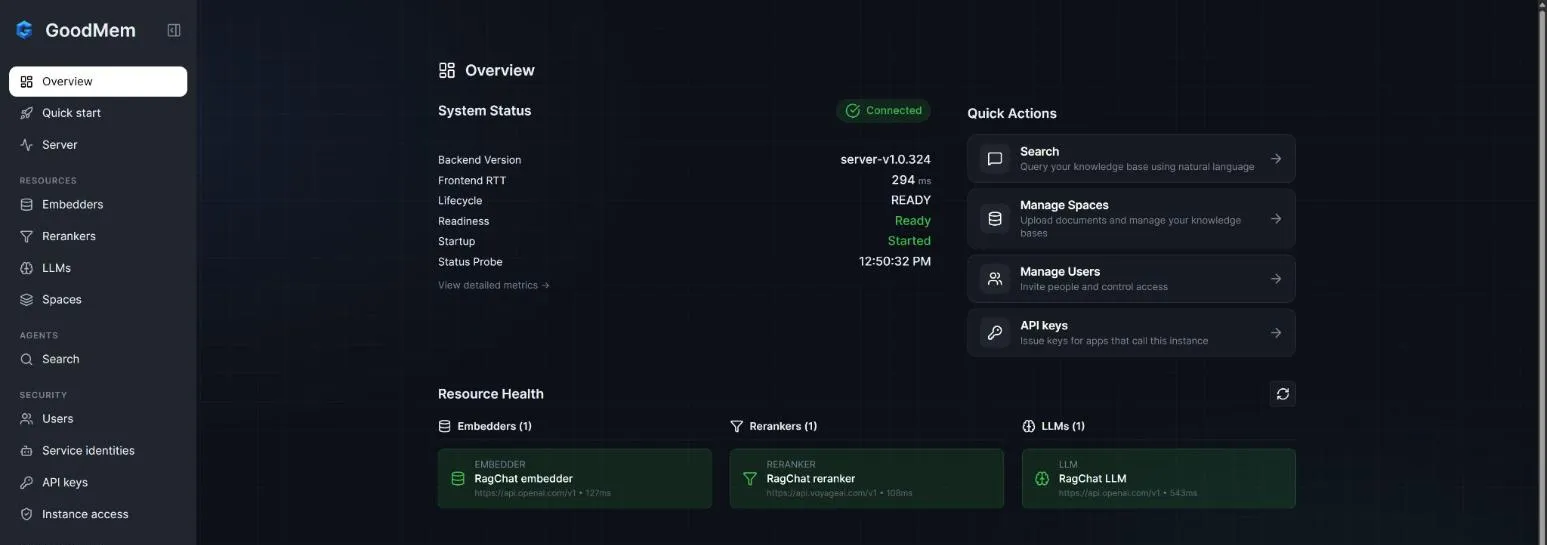Web console of the GoodMem Cloud instance showing the server as connected and ready, with the RagChat embedder, reranker and LLM under resource health