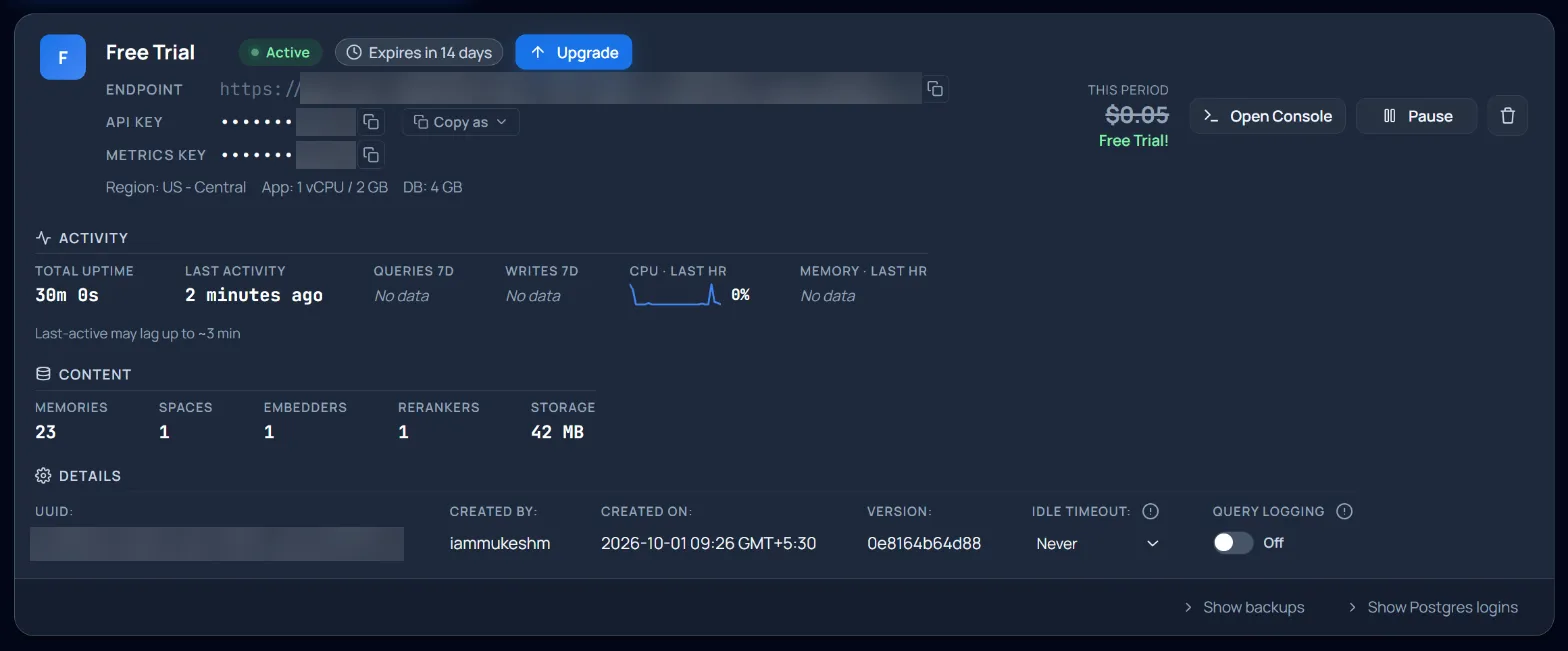 GoodMem Cloud dashboard showing the Free Trial instance as active, with its endpoint and API key hidden, the region and the counts of memories, spaces, embedders and rerankers