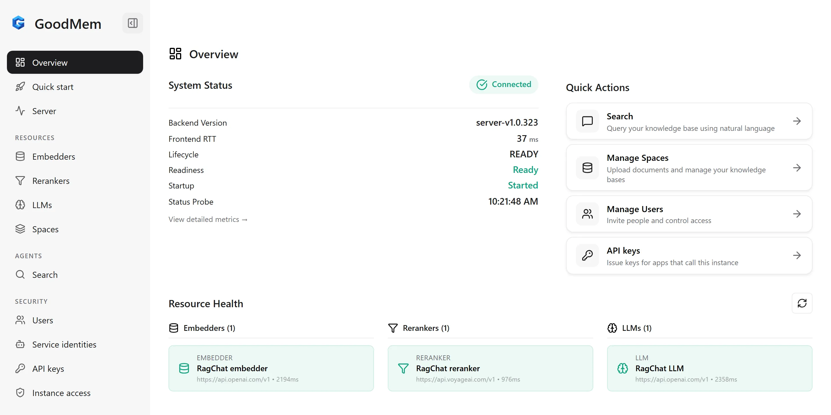 GoodMem web console overview page showing the server as connected and ready, with the RagChat embedder, reranker and LLM listed under resource health