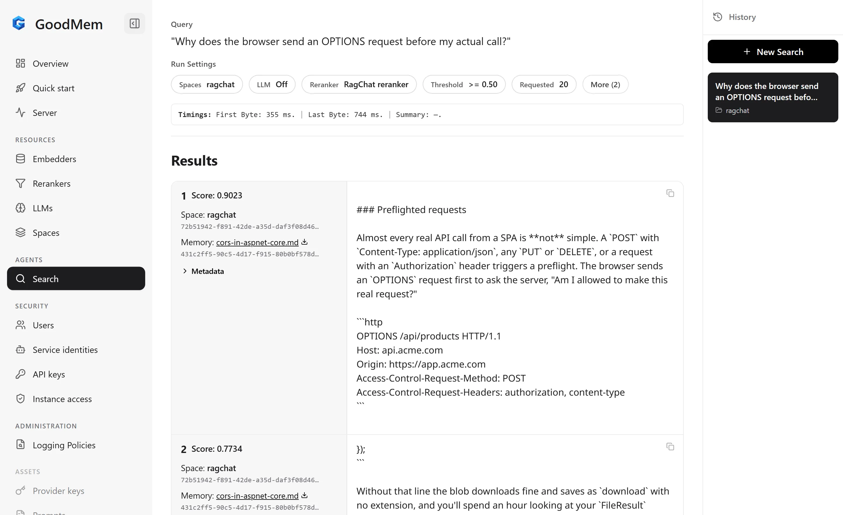 GoodMem console Search page with the reranker selected, showing two results from the CORS article with scores 0.9023 and 0.7734 for a question about the OPTIONS request