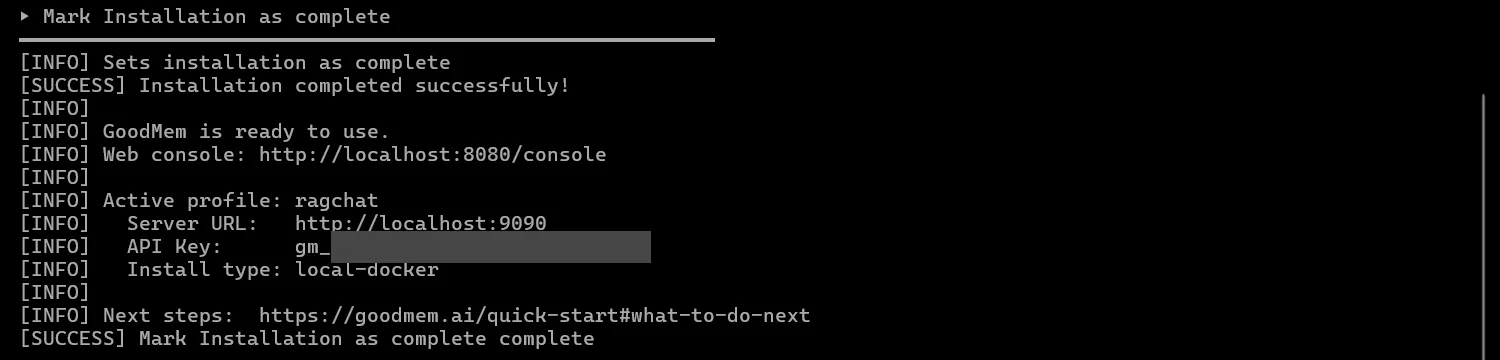 Windows Terminal showing the end of the GoodMem installer output with the web console address, the active profile ragchat, the server URL and the API key that starts with gm_