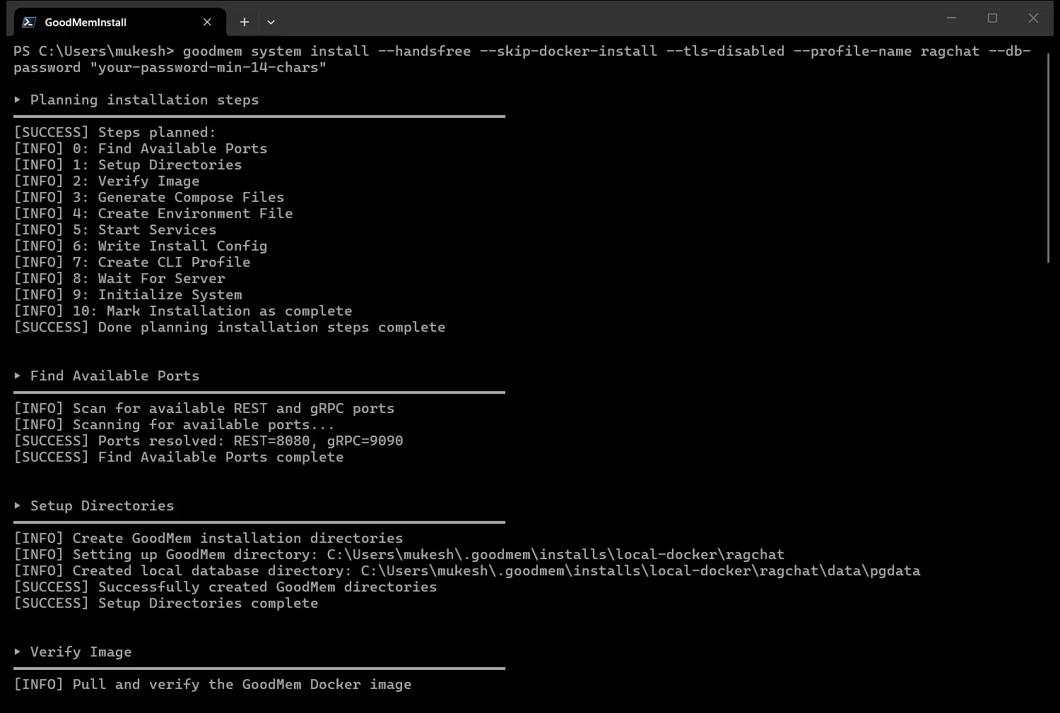 Windows Terminal showing the goodmem system install command, the eleven planned installation steps and the resolved ports REST 8080 and gRPC 9090