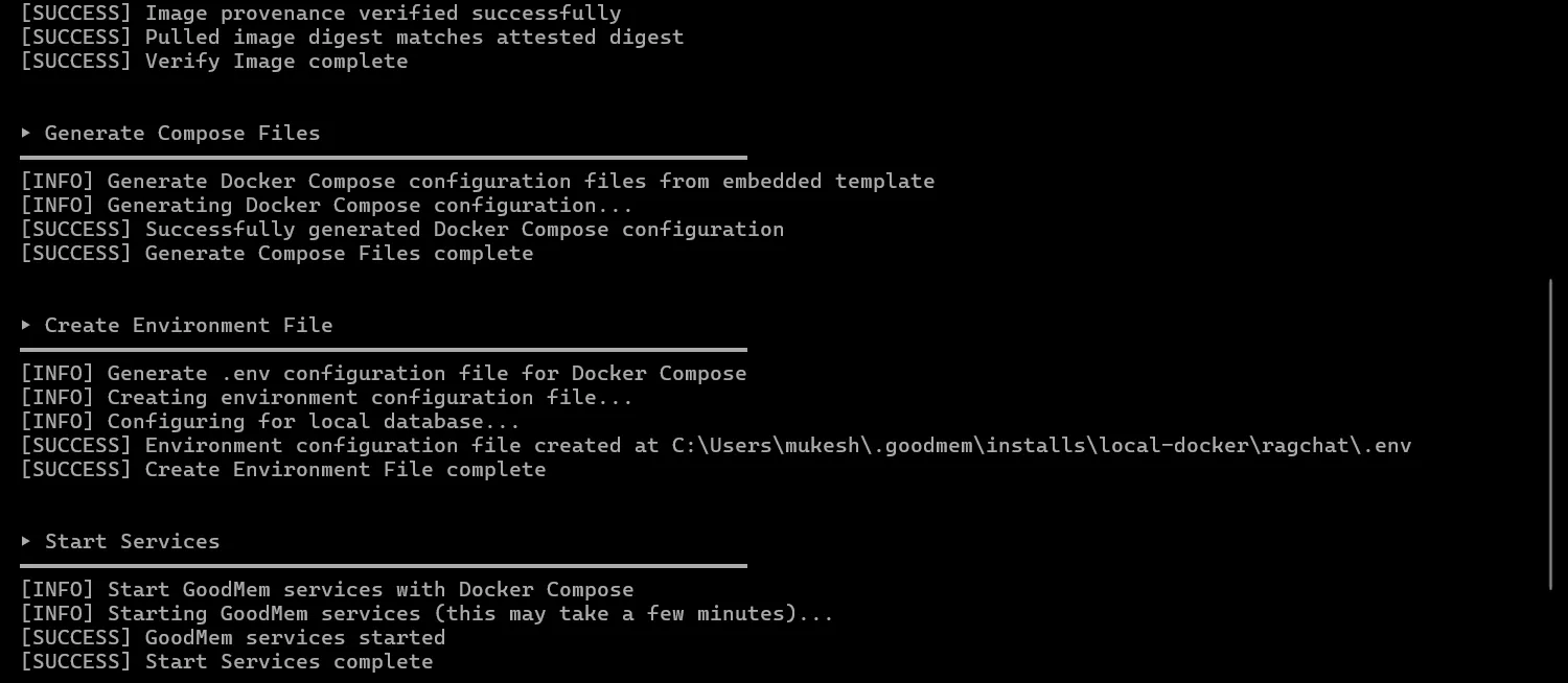 Windows Terminal showing the GoodMem installer output with the lines Image provenance verified successfully and GoodMem services started
