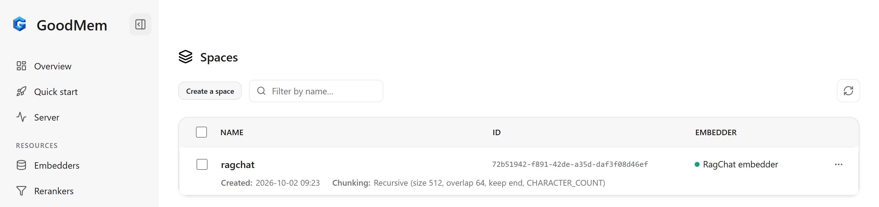 GoodMem console Spaces page showing the ragchat space with its ID, the RagChat embedder and recursive chunking with size 512 and overlap 64