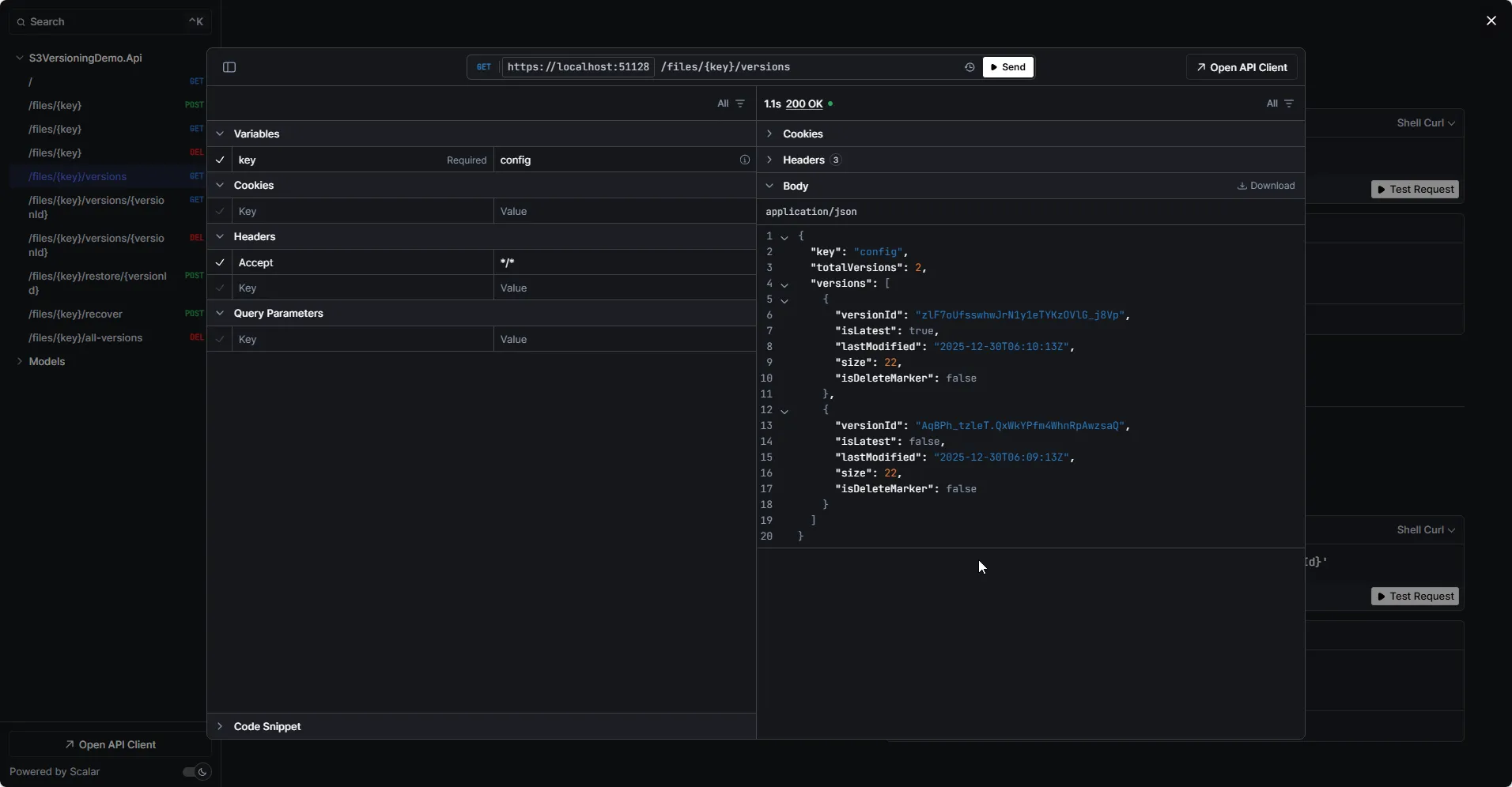 List versions response in Scalar