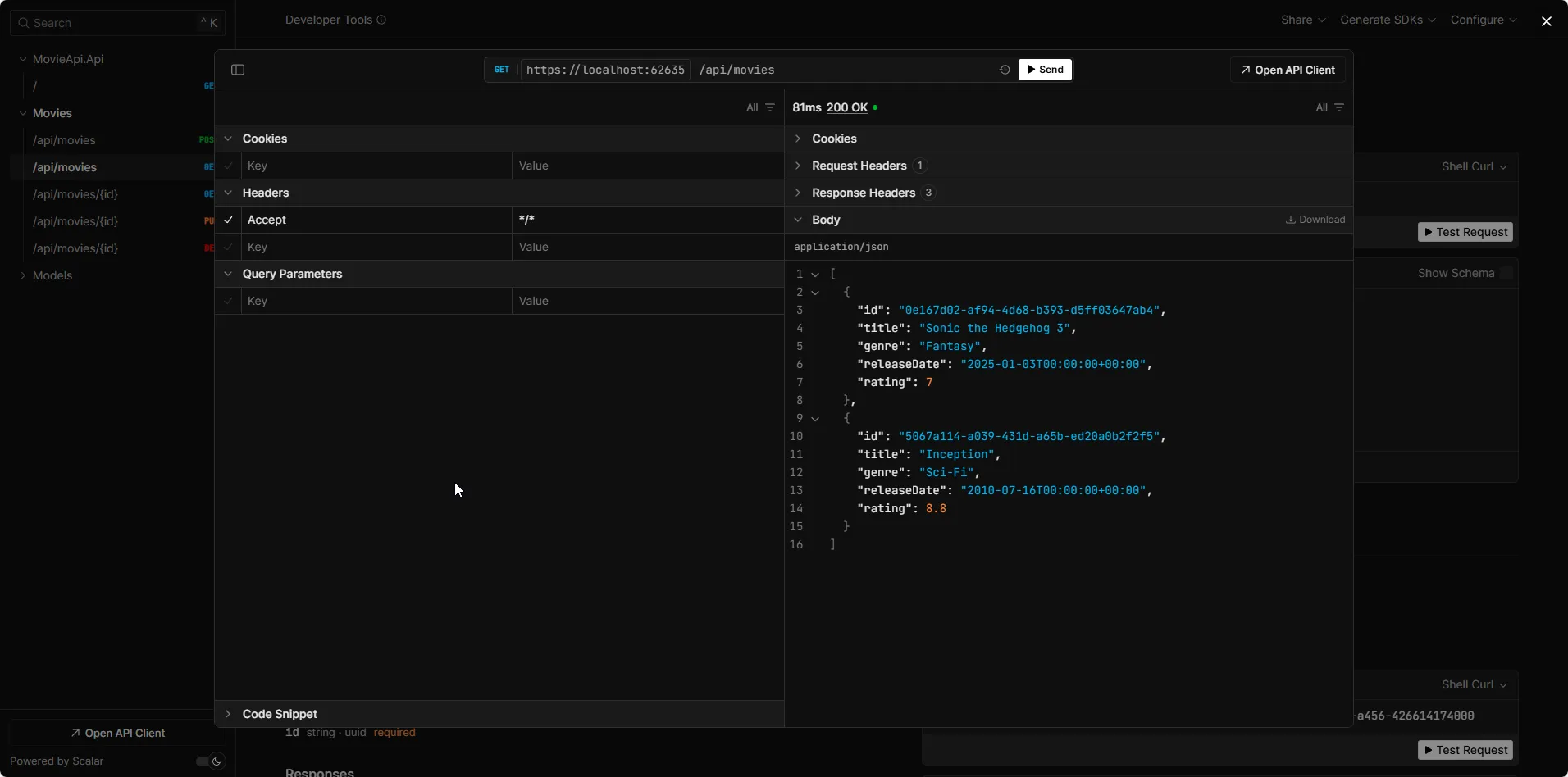 GET /api/movies endpoint returning complete list of all movie entities including both seeded data and newly created movie entry retrieved from PostgreSQL database using Entity Framework Core 10 AsNoTracking query