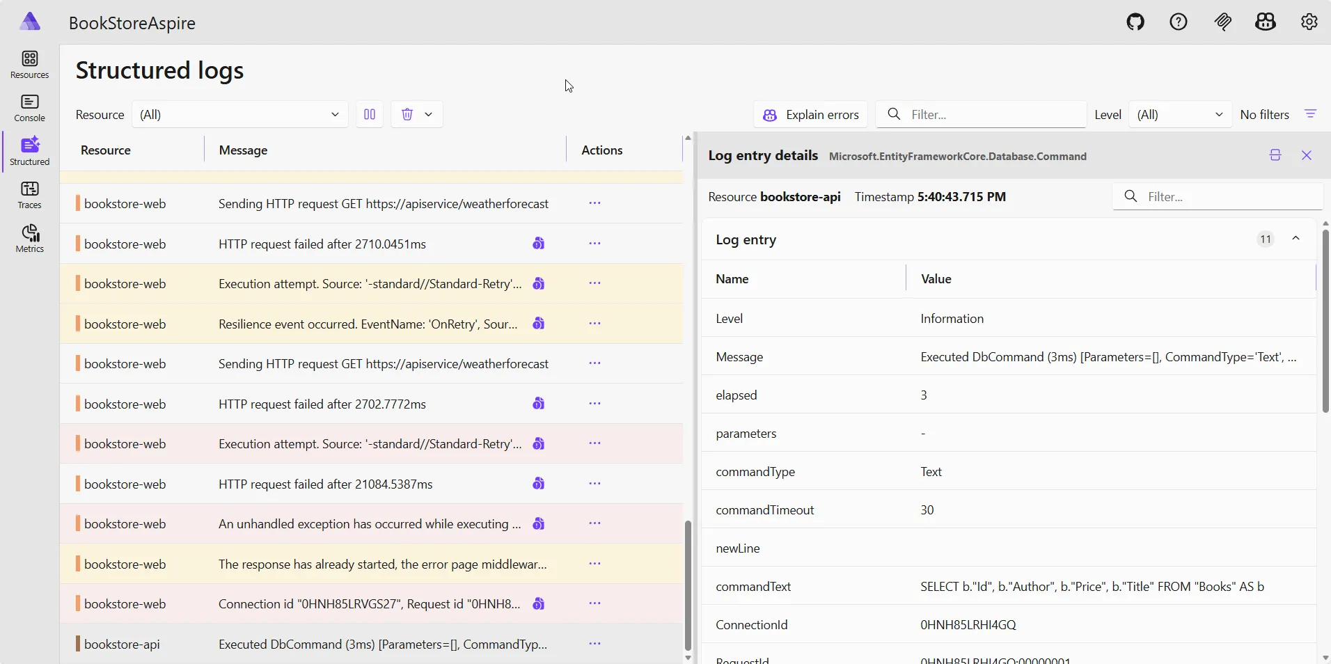 .NET Aspire structured logging with OpenTelemetry showing correlation IDs and log levels