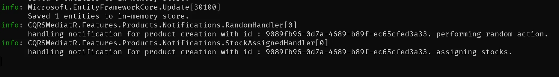 Console output showing two MediatR notification handlers triggered in parallel after a product creation in ASP.NET Core 10