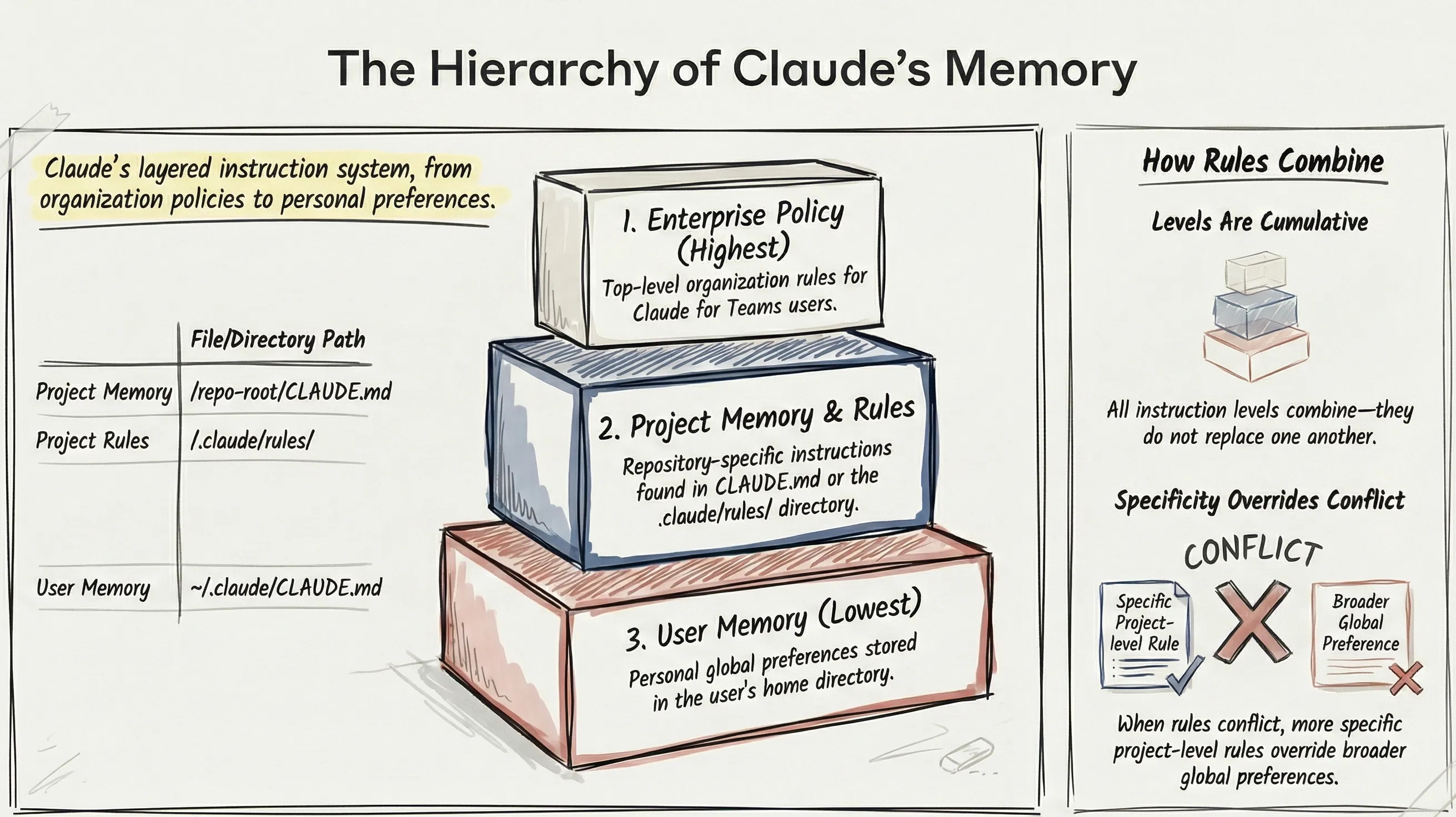 Claude Code Memory Hierarchy showing User, Project, and Rules levels