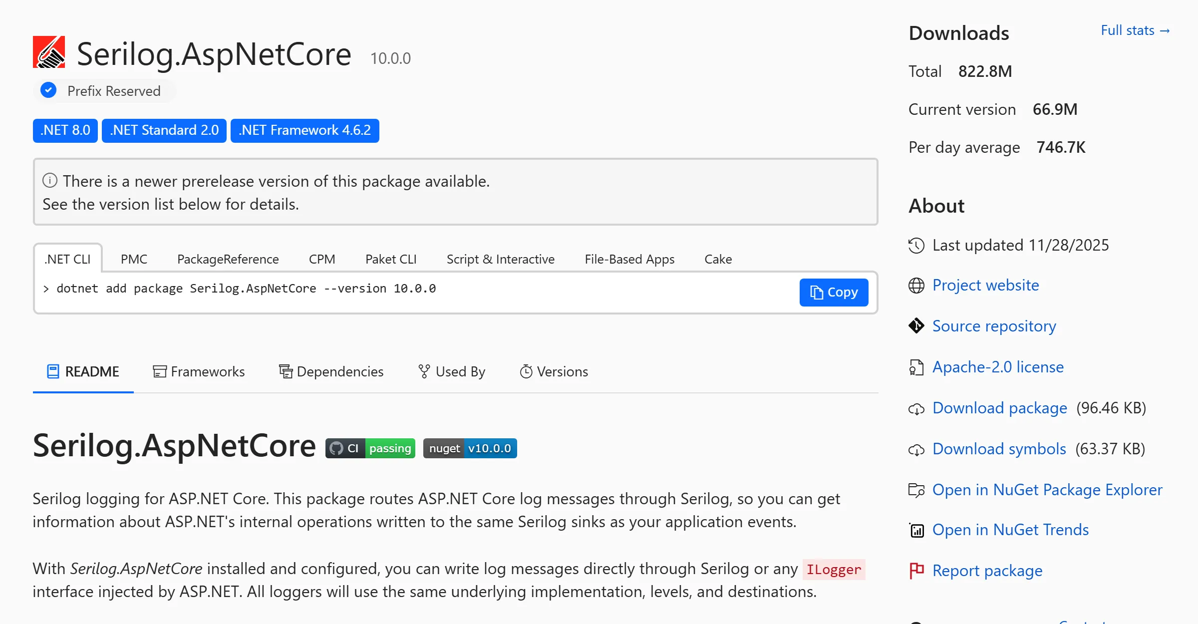 The nuget.org page of the Serilog.AspNetCore package with the Apache-2.0 license link shown in the About panel on the right side