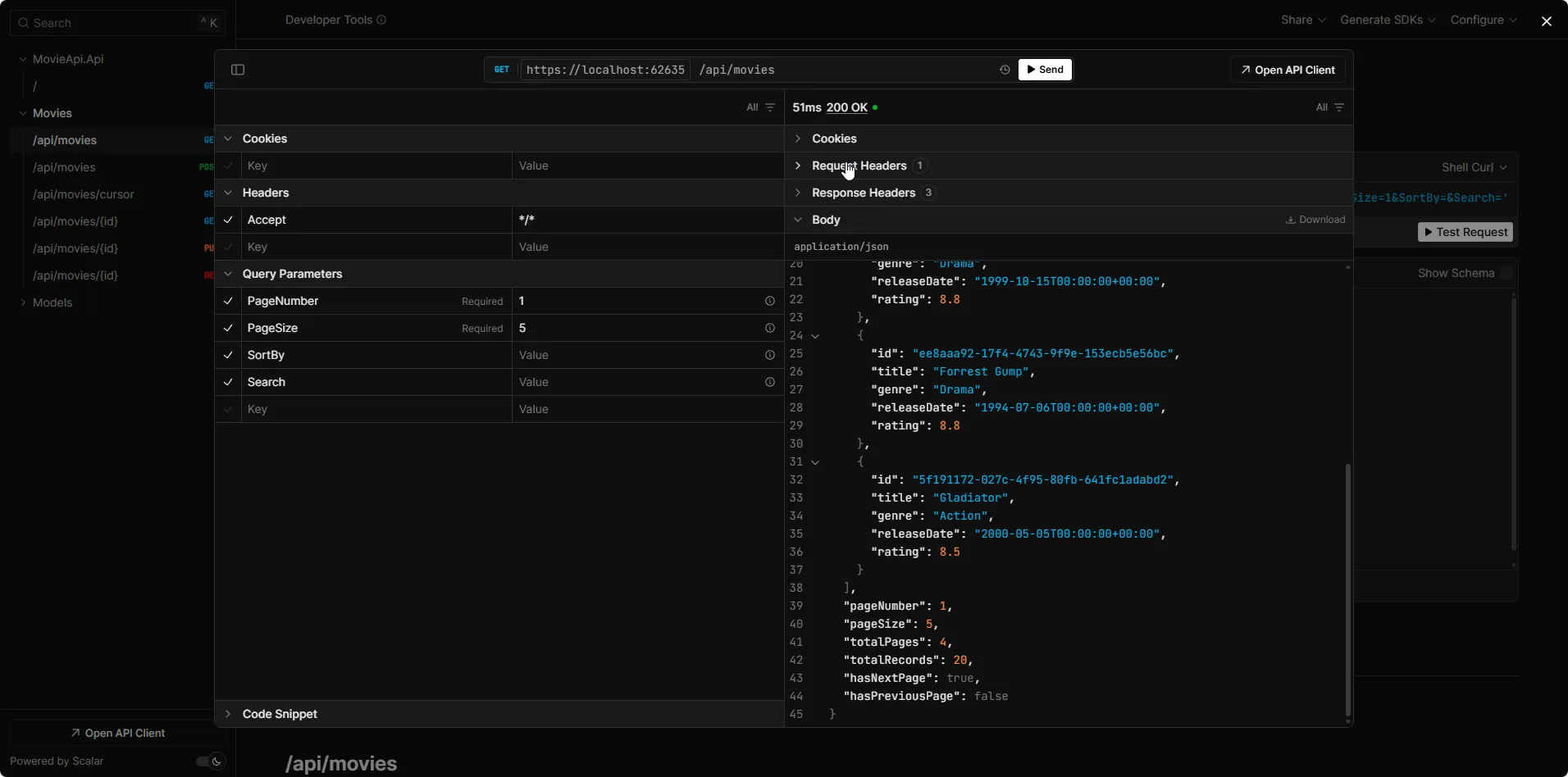 Paginated API response showing first 5 movies with pagination metadata including totalRecords totalPages hasNextPage and hasPreviousPage in ASP.NET Core Web API with EF Core 10