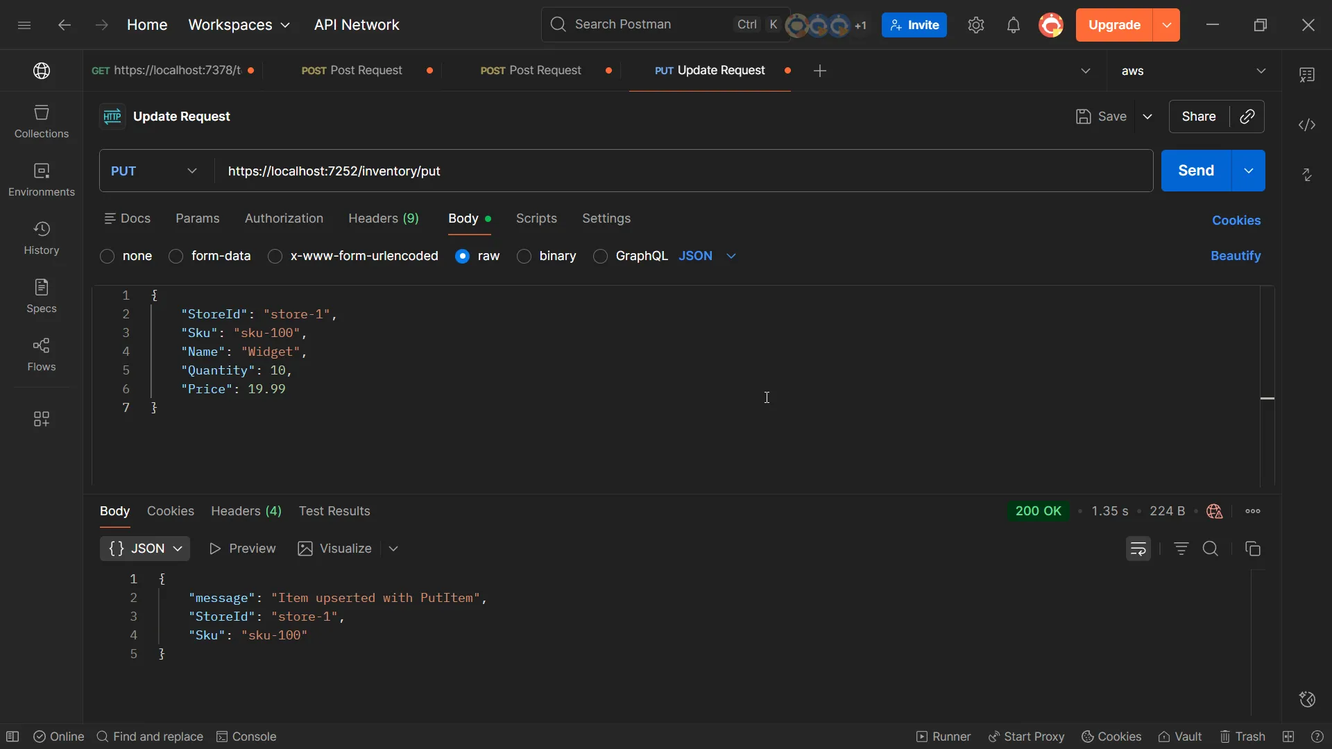 Postman showing PutItem success