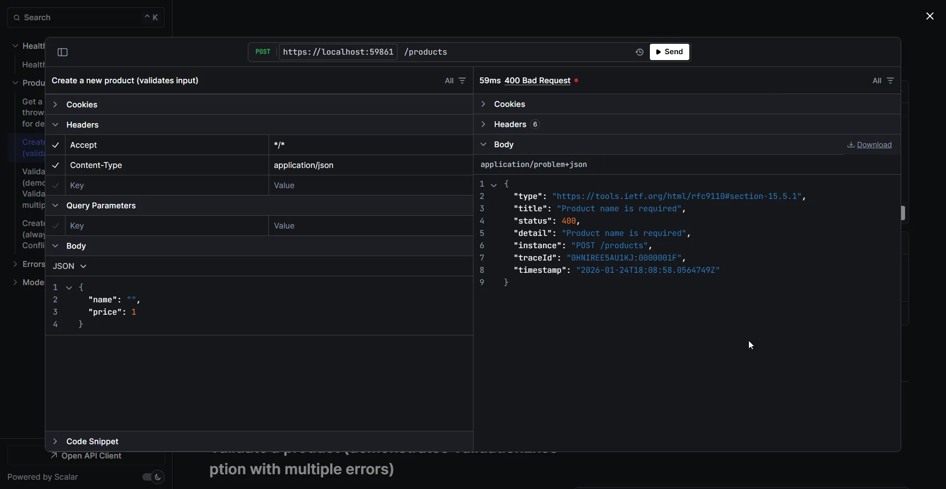 Scalar API showing 400 Bad Request with ProblemDetails response