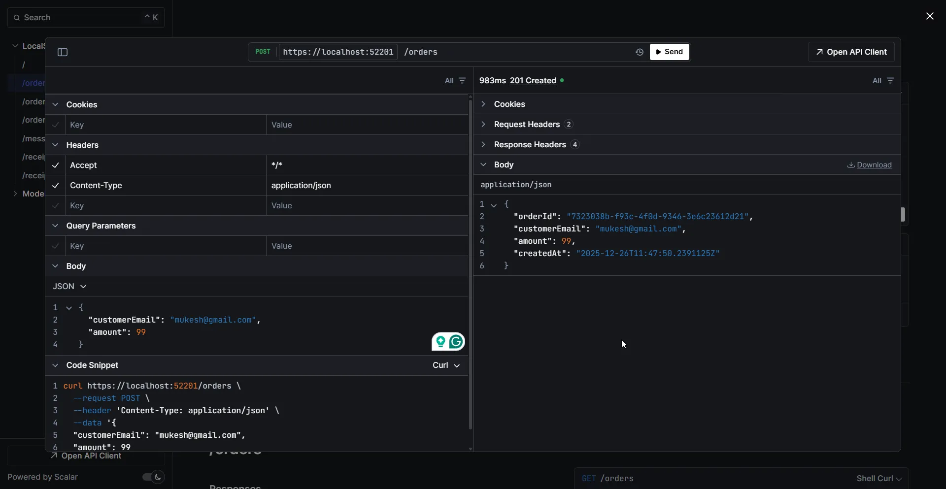 Creating an order via Scalar API documentation Scalar showing successful order creation