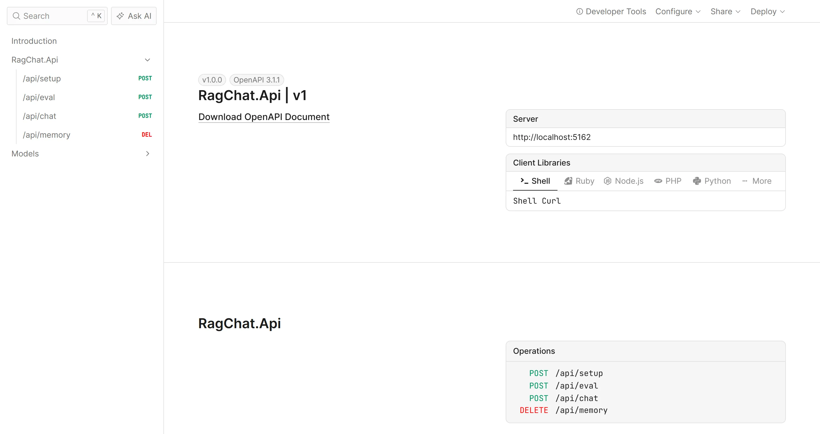 Scalar UI for RagChat.Api listing the four endpoints: POST /api/setup, POST /api/eval, POST /api/chat and DELETE /api/memory