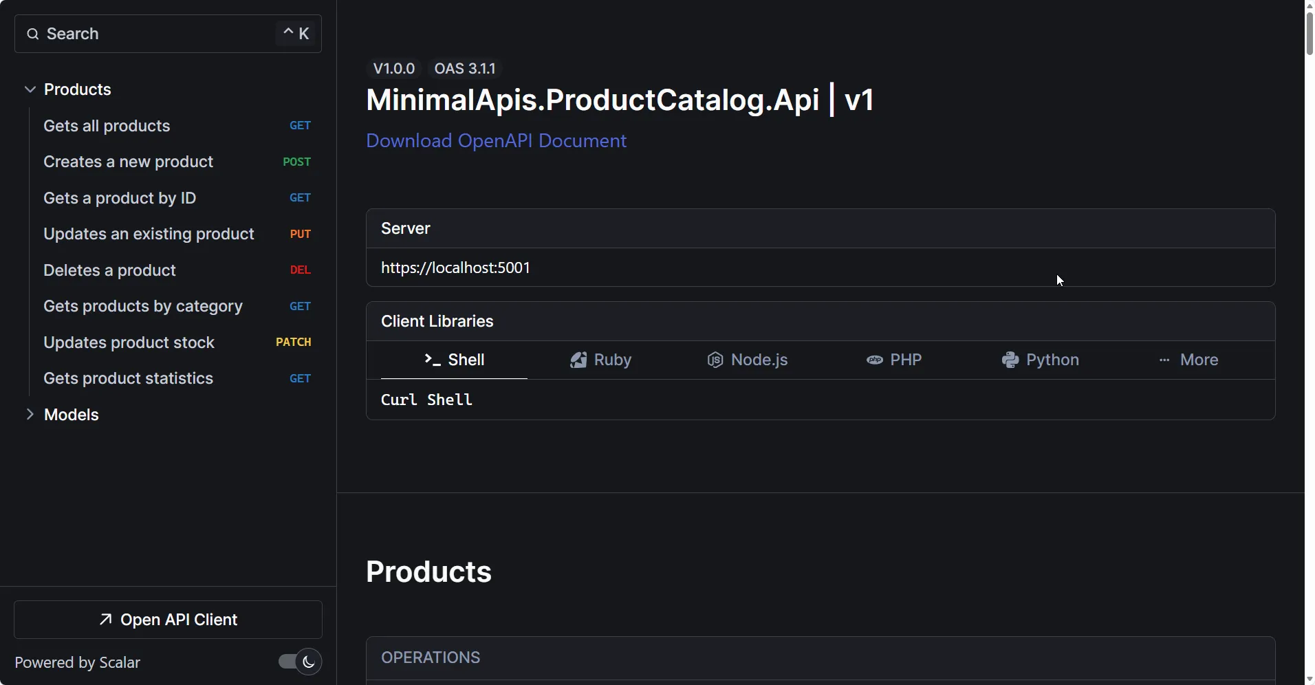 Scalar API Reference Scalar API Reference showing Product endpoints