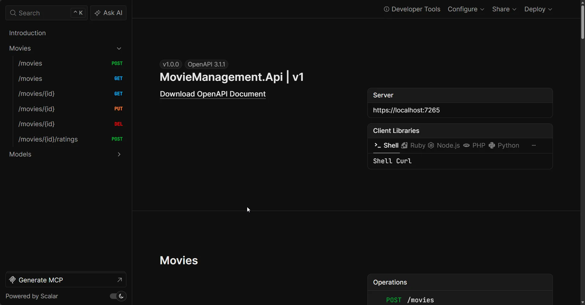 The Scalar API reference UI for the MovieManagement .NET 10 Web API, listing the movie endpoints in the sidebar - POST, GET, PUT and DELETE /movies plus POST /movies/id/ratings - generated from the OpenAPI 3.1.1 document