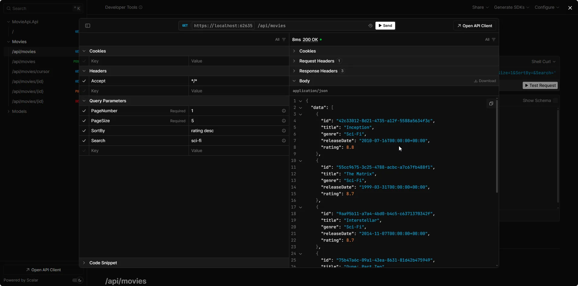 Search and sort API response showing sci-fi movies sorted by rating with pagination metadata in ASP.NET Core Web API using EF Core 10 PostgreSQL ILike case-insensitive search