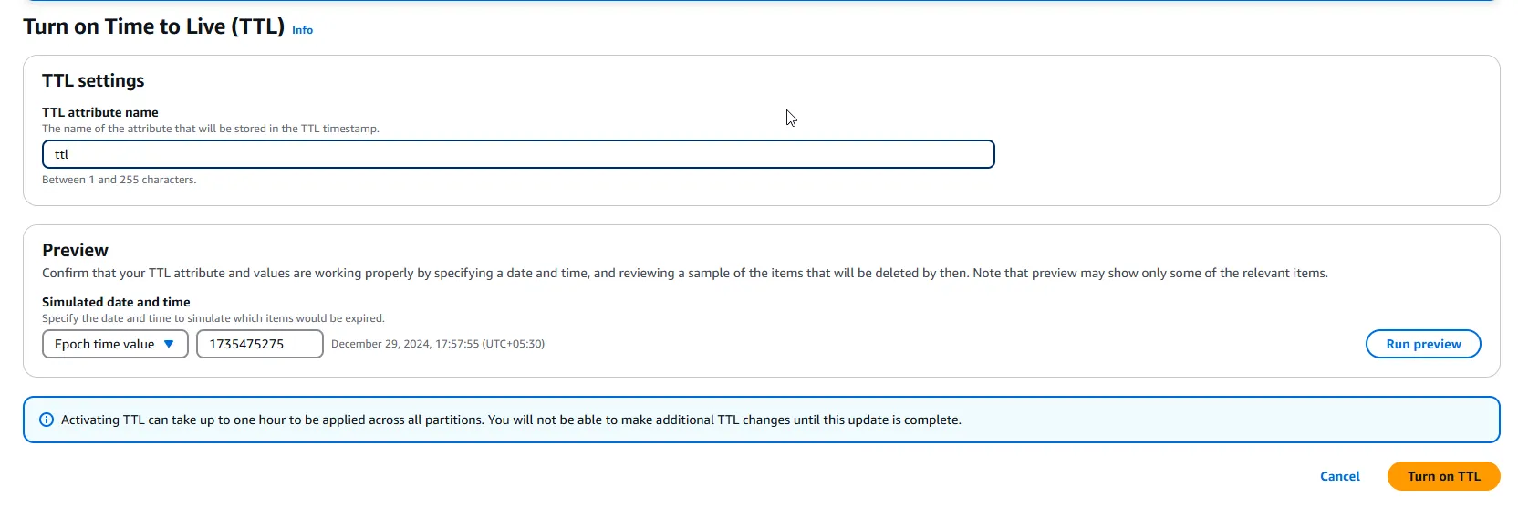 Configure TTL via AWS Management Console