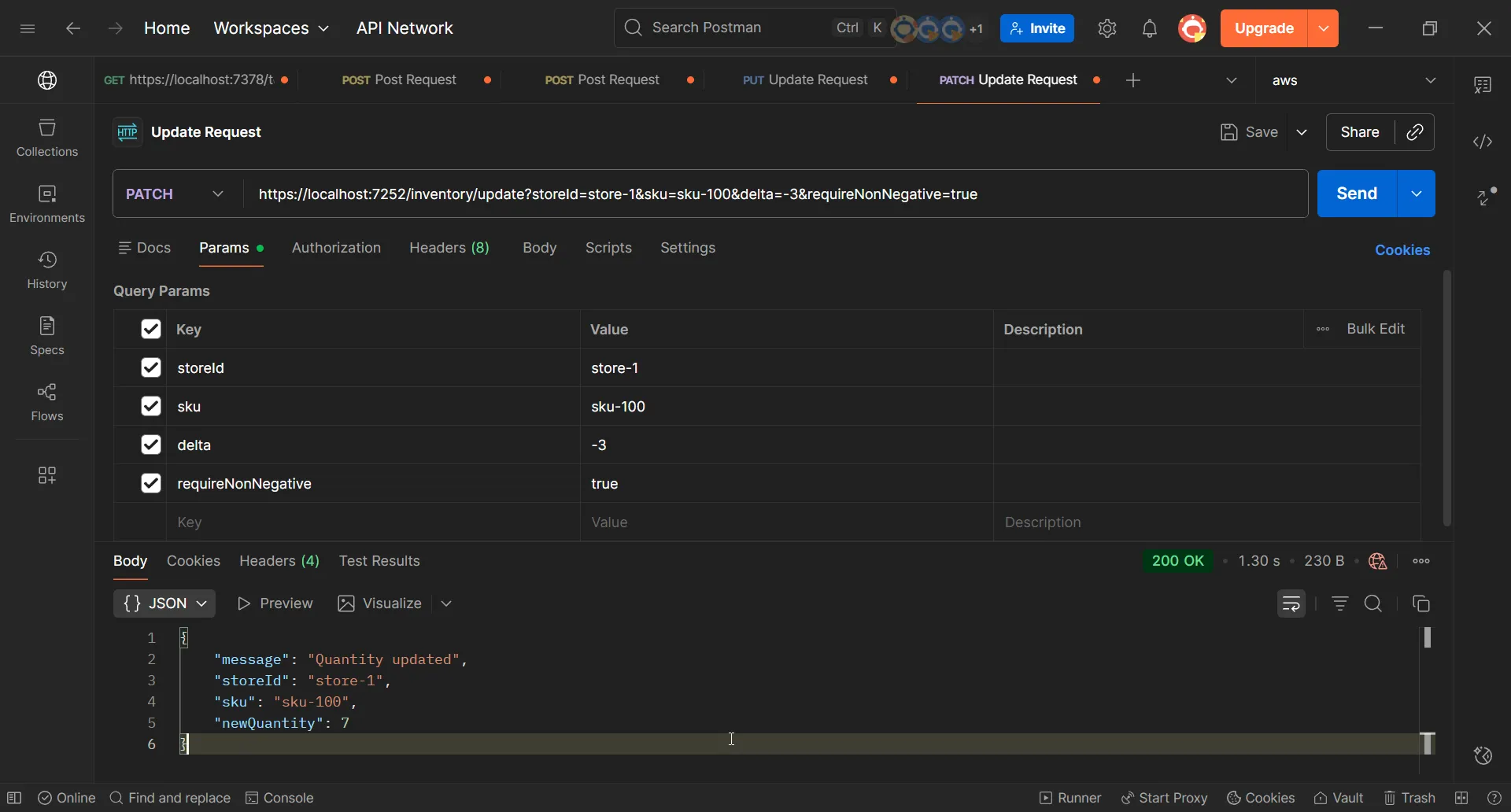 Postman showing UpdateItem success